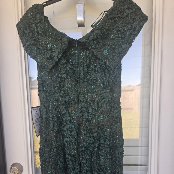 $259 XSCAPE Soutache Cap Sleeve Asymmetric Neck Long Dress Sz 8 Green Holiday - Picture 16 of 16